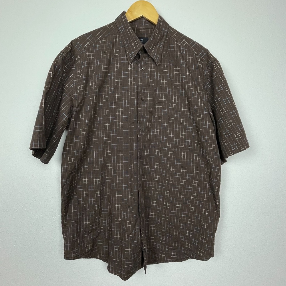 Zanella Italy XL Short Sleeve Button Up Brown Windowpane Check Cotton Casual